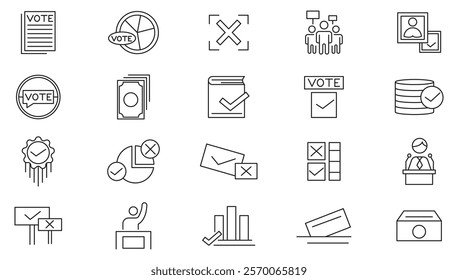 Election and Voting line icon set. Voter registration, election day, campaign rally, polling station, absentee ballot, early voting, voter id, ballot line icon set. Ui thin line icon pack.