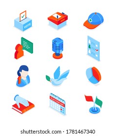 Election and voting - modern colorful isometric icons set. Politics and electioneering concept. Ballot box, lectern, microphone, completed paper, candidate, dove, results, book of oath, calendar