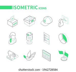 Election and voting - modern line isometric icons set. Politics and electioneering concept. Ballot box, lectern, microphone, completed paper, candidate, dove, results, book of oath, calendar