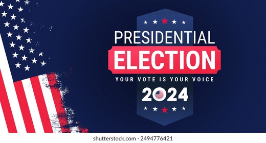 Election voting poster. Presidential election 2024 design template with USA flag. Vote in USA American colors flag banner design. President voting 2024. Political election 2024 campaign background.