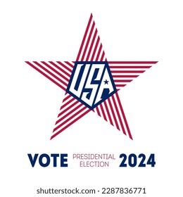 Election voting poster. Print of t-shirt for  Political election campaign. Stylized star with american flag colors, symbols and lettering. Presidential election 2024 in USA.