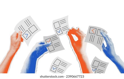 The election voting process, bidding, hands raised up with papers. Sale and buy concept in retro collage halftone style. Isolated vector illustration.
