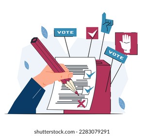 Election voting and public opinion poll. Person's hand fills out a ballot paper. Political and social activity, election campaign, flat cartoon vector illustration isolated on white background.