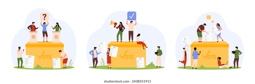 Wahlen, Referendum und Demokratie stehen an. Winzige Leute wählen den Kandidaten, legen Stimmzettel mit Liste in den Container, Wähler halten Schilder mit Frage und Zecken Cartoon Vektor-Illustration
