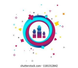 Election or voting sign icon. Hands raised up symbol. People referendum. Colorful button with icon. Geometric elements. Vector