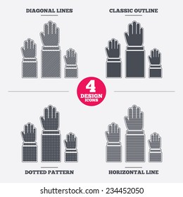 Election or voting sign icon. Hands raised up symbol. People referendum. Diagonal and horizontal lines, classic outline, dotted texture. Pattern design icons.  Vector