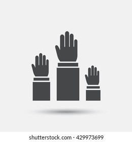 Election or voting sign icon. Hands raised up symbol. People referendum. Flat elections web icon on white background. Vector