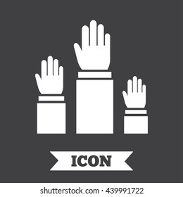 Election or voting sign icon. Hands raised up symbol. People referendum. Graphic design element. Flat elections symbol on dark background. Vector