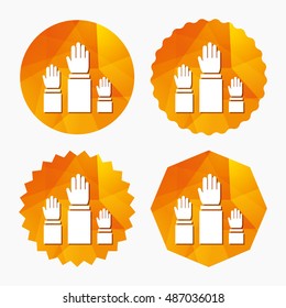 Election or voting sign icon. Hands raised up symbol. People referendum. Triangular low poly buttons with flat icon. Vector