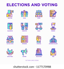 Election and voting thin line icons set: voters, ballot box, inauguration, corruption, debate, president, political victory, propaganda, bribe, agitation. Modern vector illustration.