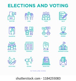 Election and voting thin line icons set: voters, ballot box, inauguration, corruption, debate, president, political victory, propaganda, bribe, agitation. Modern vector illustration.