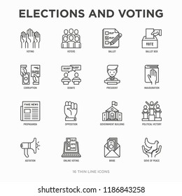 Election and voting thin line icons set: voters, ballot box, inauguration, corruption, debate, president, political victory, propaganda, bribe, agitation. Modern vector illustration.