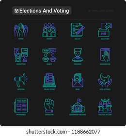 Election and voting thin line icons set: voters, ballot box, inauguration, corruption, debate, president, political victory, propaganda, bribe, agitation. Modern vector illustration.