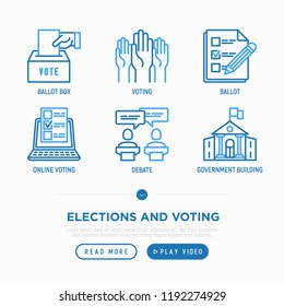 Election and voting thin line icons set: voters, ballot box, debate, online voting, government building. Vector illustration.