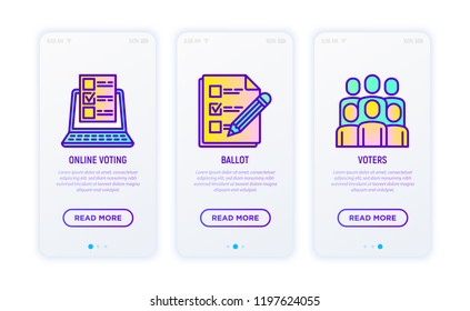 Election and voting thin line icons set: voters, ballot, online voting. Vector illustration for user mobile interface.
