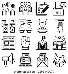 Election and voting thin line icons set: voters, ballot box, inauguration, corruption, debate, president, political victory, propaganda, bribe, agitation. Modern vector illustration.