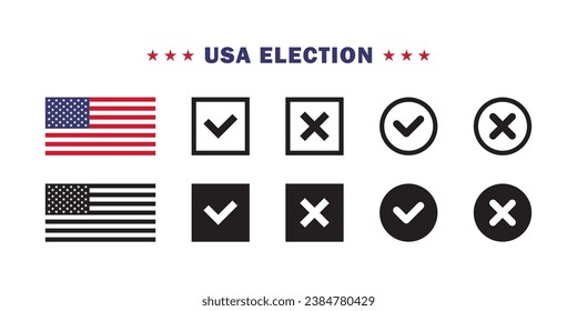 Wahl und Abstimmung USA. Abstimmungssymbole. Flaggen und Symbole. Vektorskalierbare Grafiken