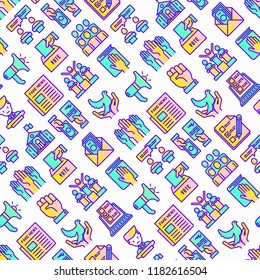 Election and votings seamless pattern with thin line icons: voters, ballot box, inauguration, corruption, debate, president, political victory, propaganda, bribe, agitation. Modern vector illustration