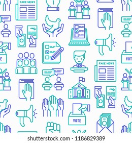 Election and votings seamless pattern with thin line icons: voters, ballot box, inauguration, corruption, debate, president, political victory, propaganda, bribe, agitation. Modern vector illustration