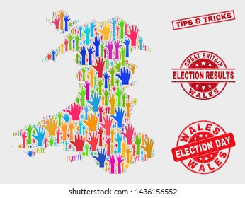 Election Wales map and seal stamps. Red rectangle Tips & Tricks grunge watermark. Colorful Wales map mosaic of raised referendum hands. Vector collage for election day, and referendum results.