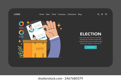 Wahl-Web oder Landung im Dunkel- oder Nachtmodus. Demokratisches Verfahren, Bürger wählen politische Partei oder Kandidaten. Der Charakter prüft einen Stimmzettel bei einem Referendum. flache Vektorillustration