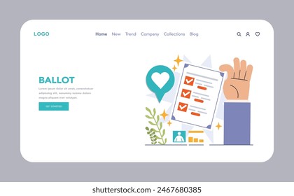 Election web or landing. Democratic procedure, citizens choosing political party or candidate by the electoral process. Character checking a ballot on a referendum. Flat vector illustration