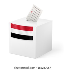 Election in Yemen: ballot box with voting paper isolated on white background