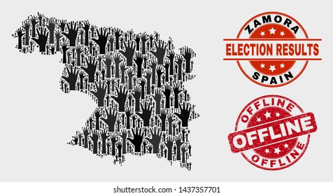 Election Zamora Province map and watermarks. Red rounded Offline scratched seal stamp. Black Zamora Province map mosaic of upwards vote hands. Vector combination for election results,