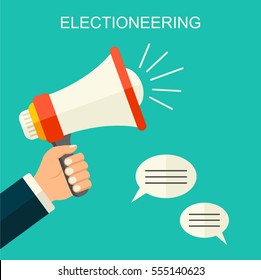 Electioneering flat style vector background. Cartoon human hand holding megaphone. social media promotion marketing illustration.