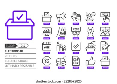 Elections 01 related, pixel perfect, editable stroke, up scalable, line, vector bloop icon set. 