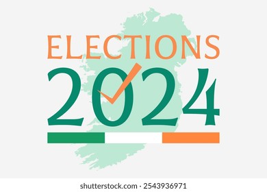 Elecciones 2024 Irlanda. Ilustración vectorial moderna con bandera, letras tradicionales y un mapa. 