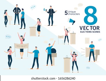 Elections Agitation, Political Promotion, Public Protest or Demonstration Scenes, Concepts Trendy Flat Vectors. Political Party Activists, Democratic Elections Candidate Characters Illustrations Set