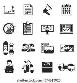 Elections black icons set with rating debate megaphone  performances on tv and result of voting isolated vector illustration