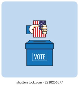 Elections campaign, concept design. Paper ballot and box for the presidential election. Hand voter with the card. Icon for election day. Put the envelope in the box, vector illustration.