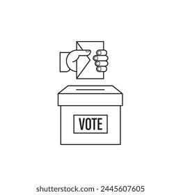 Elections campaign, concept design. Paper ballot and box for the presidential election. Hand voter with the card. Icon for election day. Put the envelope in the box, vector illustration.