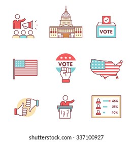 Elections, campaign and voting signs set. Thin line art icons. Flat style illustrations isolated on white.