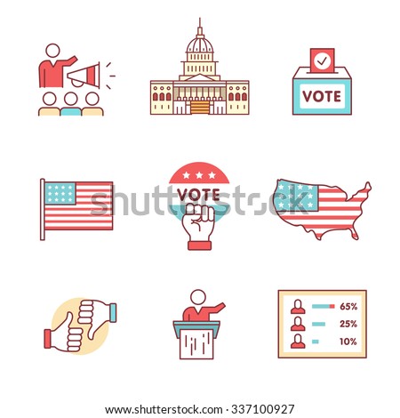 Elections, campaign and voting signs set. Thin line art icons. Flat style illustrations isolated on white.