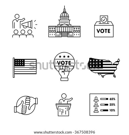 Elections, campaign and voting signs set. Thin line art icons. Linear style illustrations isolated on white.