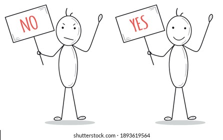 Elections Choice Yes No. Stick People With Poster: Happy Person With Red Yes, And Sad Arguing Person With No. Reject Or Accept Position. Simple Stickman Drawing With Grey. Red And Black Colors