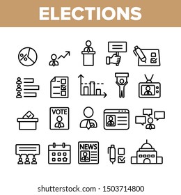 Elections Collection Elements Vector Icons Set Thin Line. Candidate And President, Newspaper And Tablet, Building And Elections Graph Concept Linear Pictograms. Monochrome Contour Illustrations