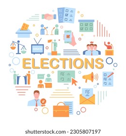 Concepto de composición electoral. Democracia y libertad de elección. Colección de iconos con presidentes y gobernadores. Debates y discurso público, campaña electoral. Dibujo vectorial plano de dibujos animados