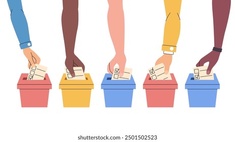 Elections concept illustration. Several hands putting ballots into ballot boxes. US Democratic Elections 2024.