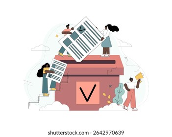 Elections concept. Vote. They choose to make a decision. Little people put ballots into the voting box