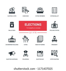 Elections - flat design style icons set. Voting members, ballot, check box, casting a vote, polling station, government building, ream of papers, president, campaign, policeman day counting