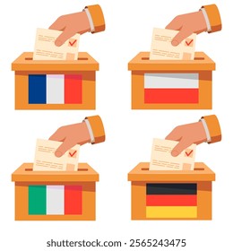 Elections to the France,Germany,Italy, Poland .Flag of France.Hand voting ballot box icon.Hand putting paper in the ballot box.Vote icon.Voting concept.