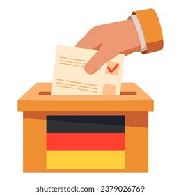 Elections to the Germany bundestag. Election of the President of Germany. The choice of the German democracy .Flag of Deutsche.Hand voting ballot box icon.Hand putting paper in the ballot box.