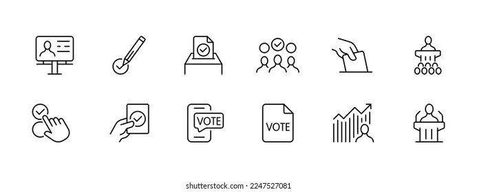 Conjunto de iconos de las elecciones. Presidente, diputado, candidato, voto, referéndum, marcas de verificación, elección. Concepto de votación. Icono de línea de vector sobre fondo blanco