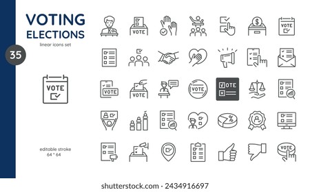 Elections Icons Set: Edit Stroke Symbols of Voting Processes, Election Rallies, Presidential Candidates, Voting Ballots, Ballot Boxes, Poll Voters, Mobile Voting Systems, Observation and Results