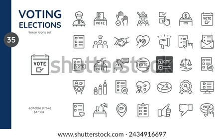 Elections Icons Set: Edit Stroke Symbols of Voting Processes, Election Rallies, Presidential Candidates, Voting Ballots, Ballot Boxes, Poll Voters, Mobile Voting Systems, Observation and Results