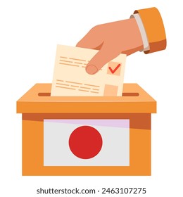 Elections to the Japan.Flag of Japan.Hand voting ballot box icon.Hand putting paper in the ballot box.Vote icon.Voting concept.